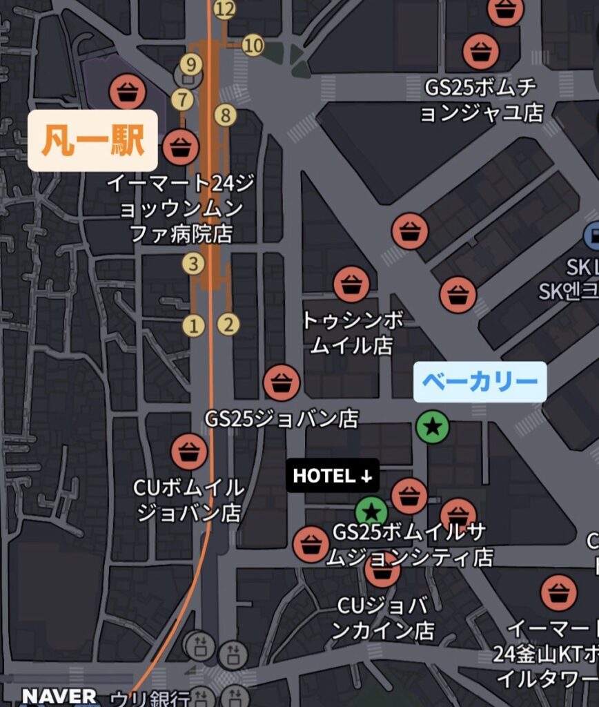 ホテルと凡一駅・PARIS BAGUETTE・その他コンビニを記した地図